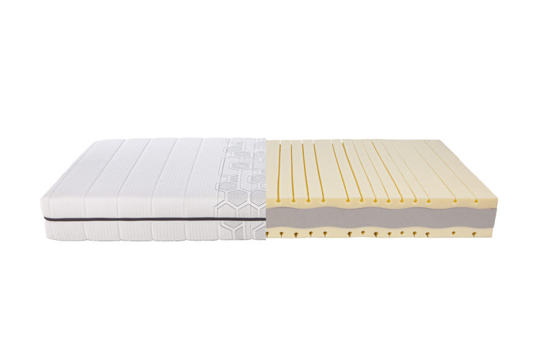 Matelas découpé en deux montrant ses différentes couches.